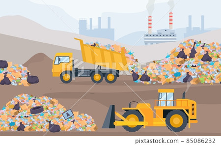 Landfill landscape with trash piles, bulldozer and garbage truck. Plastic pollution and waste recycling process. Garbage dump vector concept 85086232