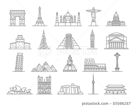 World landmarks line icons, big ben, eiffel tower and pyramids. Europe famous monuments, italy, france and england travel places vector set 85086287