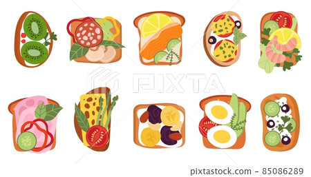 Fresh sandwiches top view. Toast bread, tasty lunch or breakfast. Healthy vegetables and fruits toasts, cheese avocado and sausage slices, decent vector set 85086289