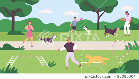 Dog park with people playing, training and walking pets. Flat owners and dogs outside activity. Domestic animals playground vector concept 85086304