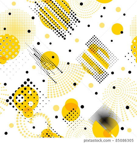 Circle memphis abstract pattern. Geometric perforation circles, minimalism style print. Rounded repeated art, black yellow elements recent vector seamless texture 85086305