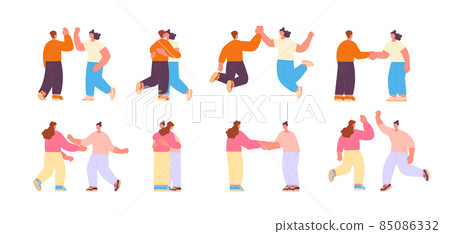 People greetings characters. Waving hands friends, greet acted person. Happy woman and men, friendship. Isolated flat welcome signs utter vector set 85086332