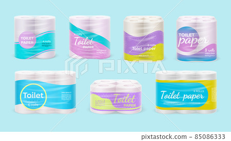 Realistic toilet paper roll package design templates. Plastic wrap for soft tissue rolls. Hygiene product container pack mockup vector set Realistic toilet paper roll package design templates. Plastic wrap for soft tissue rolls. Hygiene product container pack mockup vector set 85086333