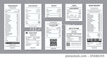 Realistic store, restaurant or bank paper cash receipt. Supermarket shopping checks. Pos machine printed shop payment bill mockup vector set 85086345