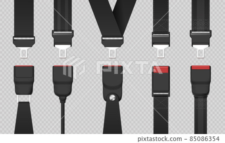 Realistic black unfastened safety seat belt designs. Unlocked vehicle, car or airplane passenger seatbelt with buckles. 3d belts vector set Realistic black unfastened safety seat belt designs. Unlocked vehicle, car or airplane passenger seatbelt with buckles. 3d belts vector set 85086354