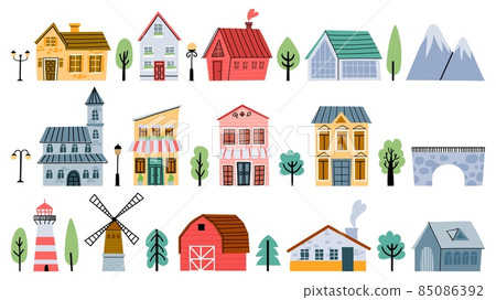 Cute childish town and village buildings, houses and cottages. Cartoon city architecture, bridge, windmill, farm and light house vector set 85086392