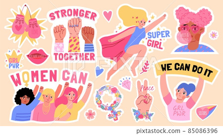 Flat girls power stickers with fists up and feminism slogans. Strong black women rights. Super girl. Feminist movement symbols vector set Flat girls power stickers with fists up and feminism slogans. Strong black women rights. Super girl. Feminist movement symbols vector set 85086396