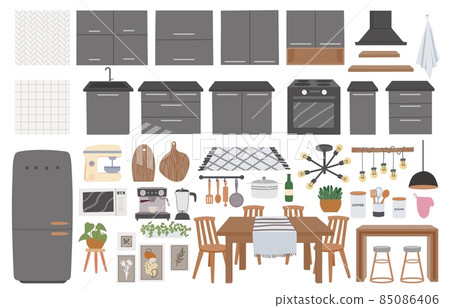 Cozy kitchen furniture, utensils, decoration and cooking appliances. Hygge cook room interior elements, table and kitchen cabinet vector set Cozy kitchen furniture, utensils, decoration and cooking appliances. Hygge cook room interior elements, table and kitchen cabinet vector set 85086406
