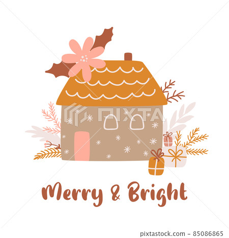 Floral pink Christmas house isolated on white. Hand drawn winter graphic element. Decorative home. Merry and bright text. New Year vector illustration. Cozy Christmas cabin, gifts, fir branch. 85086865