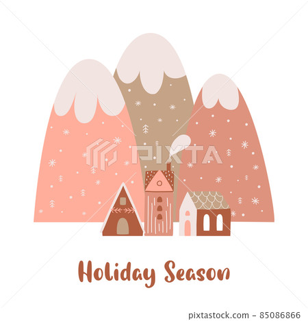 Christmas mountains, Christmas village in mountains. Winter holidays landscape with hills. PCartoon childish winter illustration. Cold scene. Cute winter element isolated. Countryside houses. 85086866
