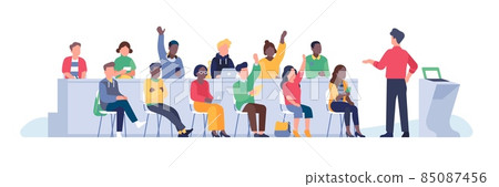 Student lecture hall. University auditorium with teacher back and students front view, course participants, higher education, young people in college vector cartoon flat isolated concept Student lecture hall. University auditorium with teacher back and students front view, course participants, higher education, young people in college vector cartoon flat isolated concept 85087456