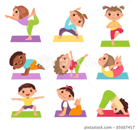 Kids yoga. Little children in stretching poses, sport and health, fitness and meditation, cute girls and boys in different poses vector cartoon flat isolated set 85087457