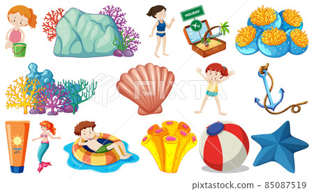 Set of summer beach objects and cartoon characters Set of summer beach objects and cartoon characters 85087519