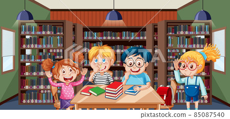 School library scene with happy children School library scene with happy children 85087540