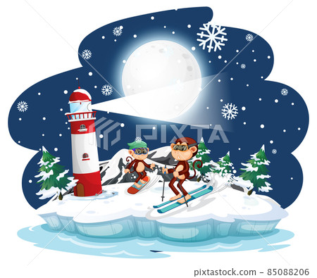 Monkey skiing in the snow at night scene - Stock Illustration [85088206 ...