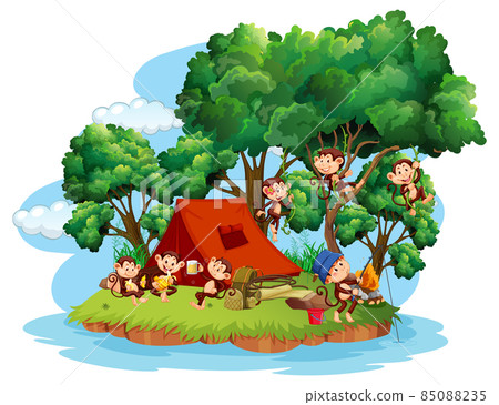Isolated island with many monkeys cartoon Isolated island with many monkeys cartoon 85088235