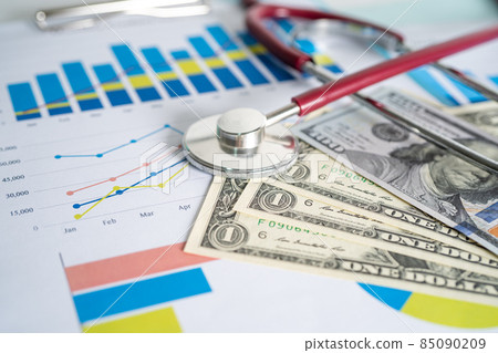 Stethoscope on chart graph paper, finance, account, statistic, analytic economy Business concept. 85090209