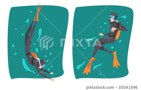 Scuba Diving Man with Breathing Equipment and Flippers Diving Underwater Vector Set Scuba Diving Man with Breathing Equipment and Flippers Diving Underwater Vector Set 85091896