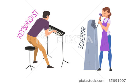 Man Keyboardist Playing Keyboard and Woman Sculptor Hammering Stone Having Creative Profession Vector Set 85091907