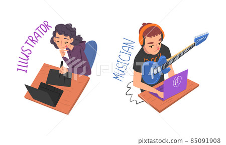 Man Musician and Woman Illustrator Having Creative Profession Vector Set Man Musician and Woman Illustrator Having Creative Profession Vector Set 85091908