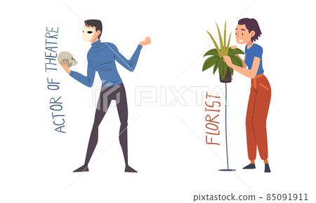 Man Actor of Theatre and Woman Florist Cultivating Plant Having Creative Profession Vector Set 85091911
