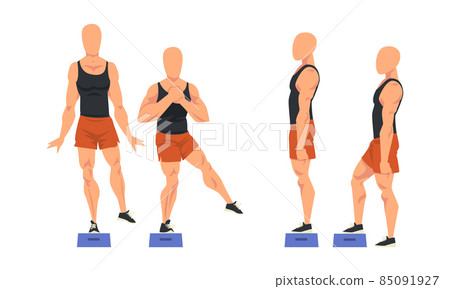 Man in Shorts Doing Sport Workout and Strength Exercise with Stepper Vector Set 85091927