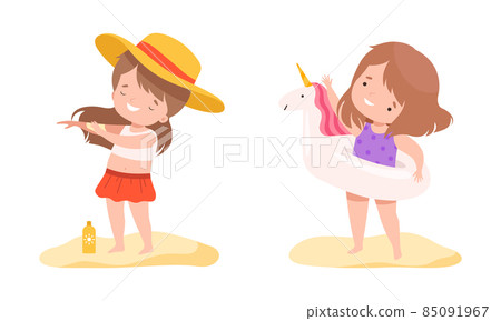 Little Girl with Rubber Unicorn Ring and Applying Sunscreen on Her Body Skin Vector Set 85091967