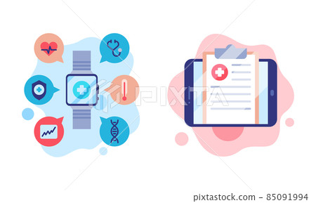 Healthcare and Pharmacy Mobile and Digital Service App on Tablet and Smart Watch Screen Vector Set Healthcare and Pharmacy Mobile and Digital Service App on Tablet and Smart Watch Screen Vector Set 85091994