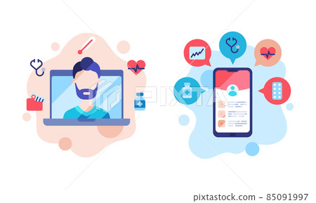 Healthcare and Pharmacy Mobile and Digital Service App on Laptop and Smartphone Screen Vector Set Healthcare and Pharmacy Mobile and Digital Service App on Laptop and Smartphone Screen Vector Set 85091997