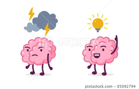 Funny Brain Character with Lightbulb Having Idea and with Lightning Feeling Angry Vector Set 85092794