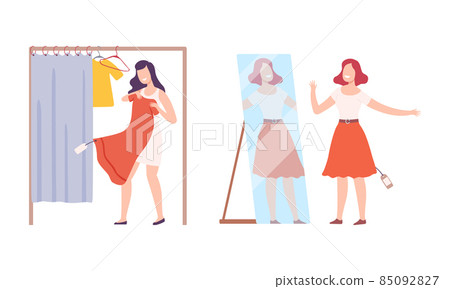 Female Customer Choosing Clothes in Fashion Store Trying It On in Fitting Room and In front of Mirror Vector Set Female Customer Choosing Clothes in Fashion Store Trying It On in Fitting Room and In front of Mirror Vector Set 85092827