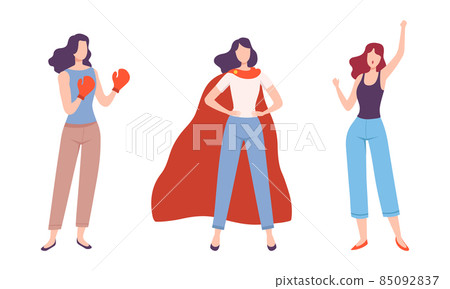 Young Woman in Cloak and Boxing Glove Protesting for Feminine Empowerment Vector Set 85092837