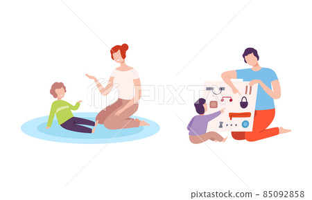 Young Dad and Mom with Kid Playing in Nursery Vector Set Young Dad and Mom with Kid Playing in Nursery Vector Set 85092858