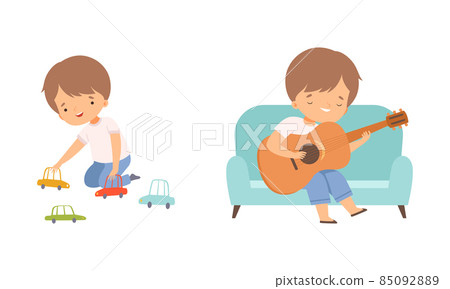 Little Boy Playing Toy Car on the Floor in Playroom and Playing Guitar Sitting on Sofa Vector Set Little Boy Playing Toy Car on the Floor in Playroom and Playing Guitar Sitting on Sofa Vector Set 85092889
