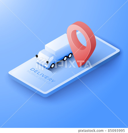 Delivery online service on mobile. E-commerce concept. Truck van 3d and pin map vector illustration 85093995