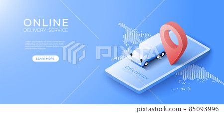 Delivery online service on mobile. E-commerce concept. Truck van 3d and pin map vector illustration 85093996