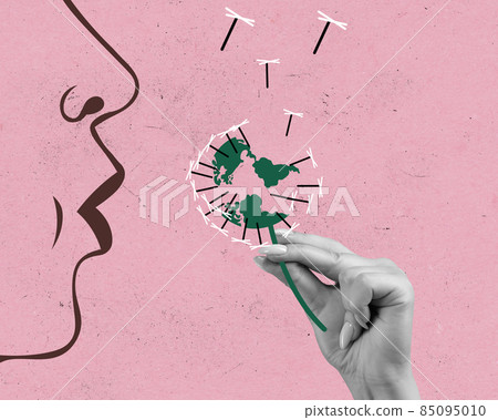 Contemporary art collage, modern creative design. Idea, inspiration, saving environment, ecology, eco, warming of the Earth's climate. Contemporary art collage, modern creative design. Idea, inspiration, saving environment, ecology, eco, warming of the Earth's climate. 85095010