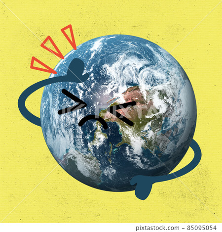 Contemporary art collage. Idea, inspiration, environment, care, global warming. Planet Earth like little man dying of heat 85095054