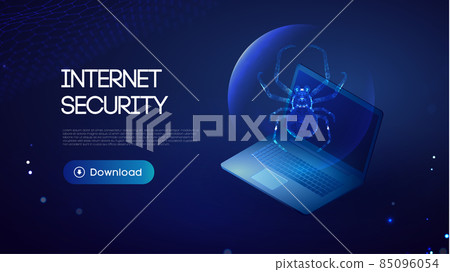 Cyber security isometric illustration. Laptop isometric with virus spider detected. Digital technology data protection. Cyber security isometric illustration. Laptop isometric with virus spider detected. Digital technology data protection. 85096054
