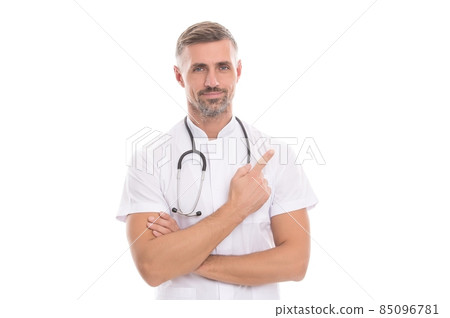 man family doctor or nurse with stethoscope isolated on white pointing finger, covid 19 man family doctor or nurse with stethoscope isolated on white pointing finger, covid 19 85096781