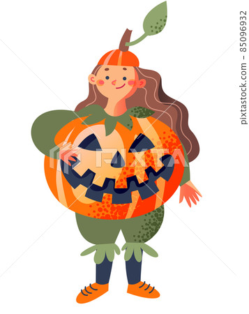 Halloween pumpkin kid character, funny girl child in orange pumpkin harvest costume Halloween pumpkin kid character, funny girl child in orange pumpkin harvest costume 85096932