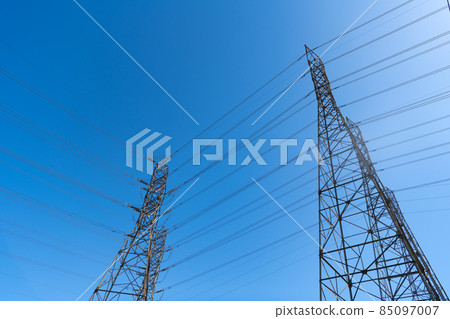 electrical power lines of pylon producing energy with voltage transmission, power lines. 85097007