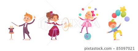 Circus kid character, boy girl child performing show set, juggler acrobat clown magician 85097021