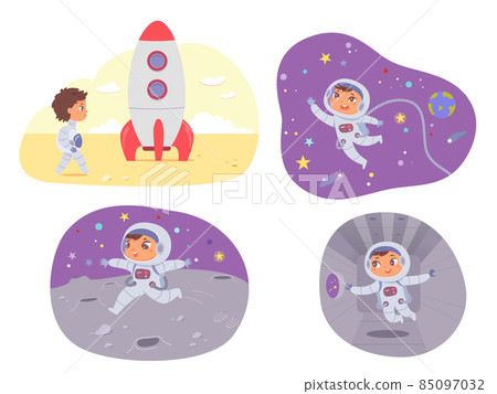 Kids astronaut, rocket and space adventure in universe set, spaceman in spacesuit costume 85097032