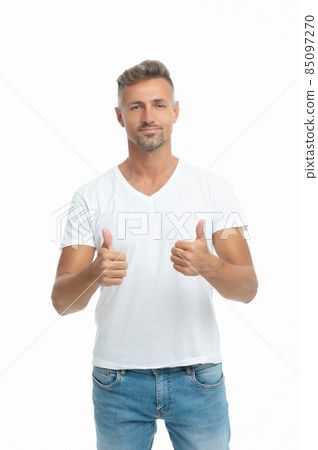 Happy handsome man smile showing approval sign hand gesture isolated on white, thumbs-ups Happy handsome man smile showing approval sign hand gesture isolated on white, thumbs-ups 85097270