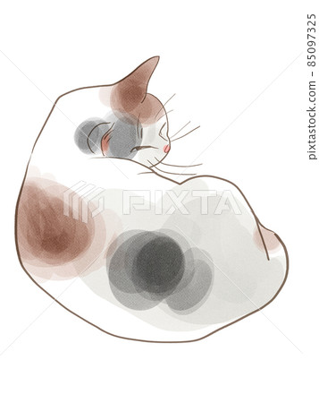 Illustration of a resting calico cat 85097325