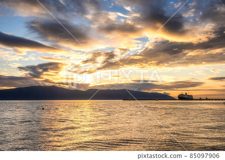 Sea landscape with clouds at sunset in Albania. Sea landscape with clouds at sunset in Albania. 85097906