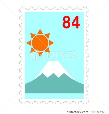 新年的圖像郵票。為富士山和一年中的第一個日出而設計的郵票。 新年的圖像郵票。為富士山和一年中的第一個日出而設計的郵票。 85097920