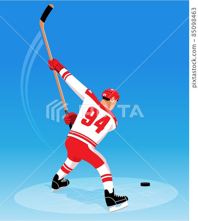 Hockey player slap shot on goal, back view Hockey player slap shot on goal, back view 85098463