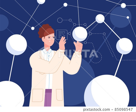 Woman scientist with neuron. Scientist girl touching scientific neural pathway model, future algorithm technology, science research neuroscience, flat splendid vector illustration 85098547